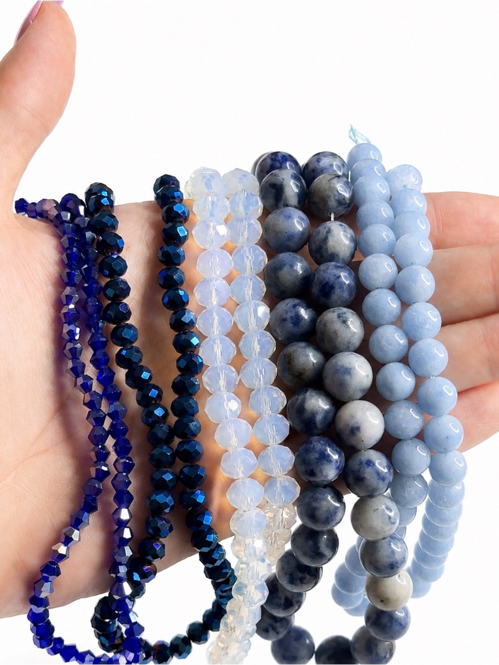 Five strand bundle, lots glass, beads sodalite Opalite and blue calcite